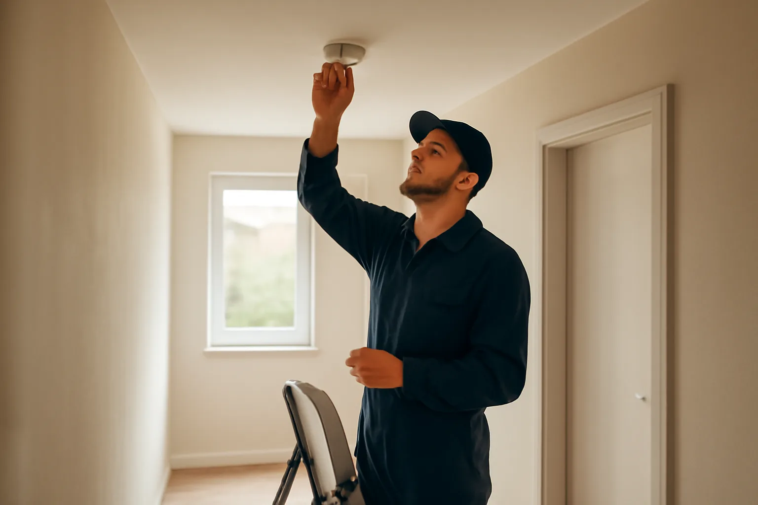 Landlord checking a smoke detector during a rental unit inspection