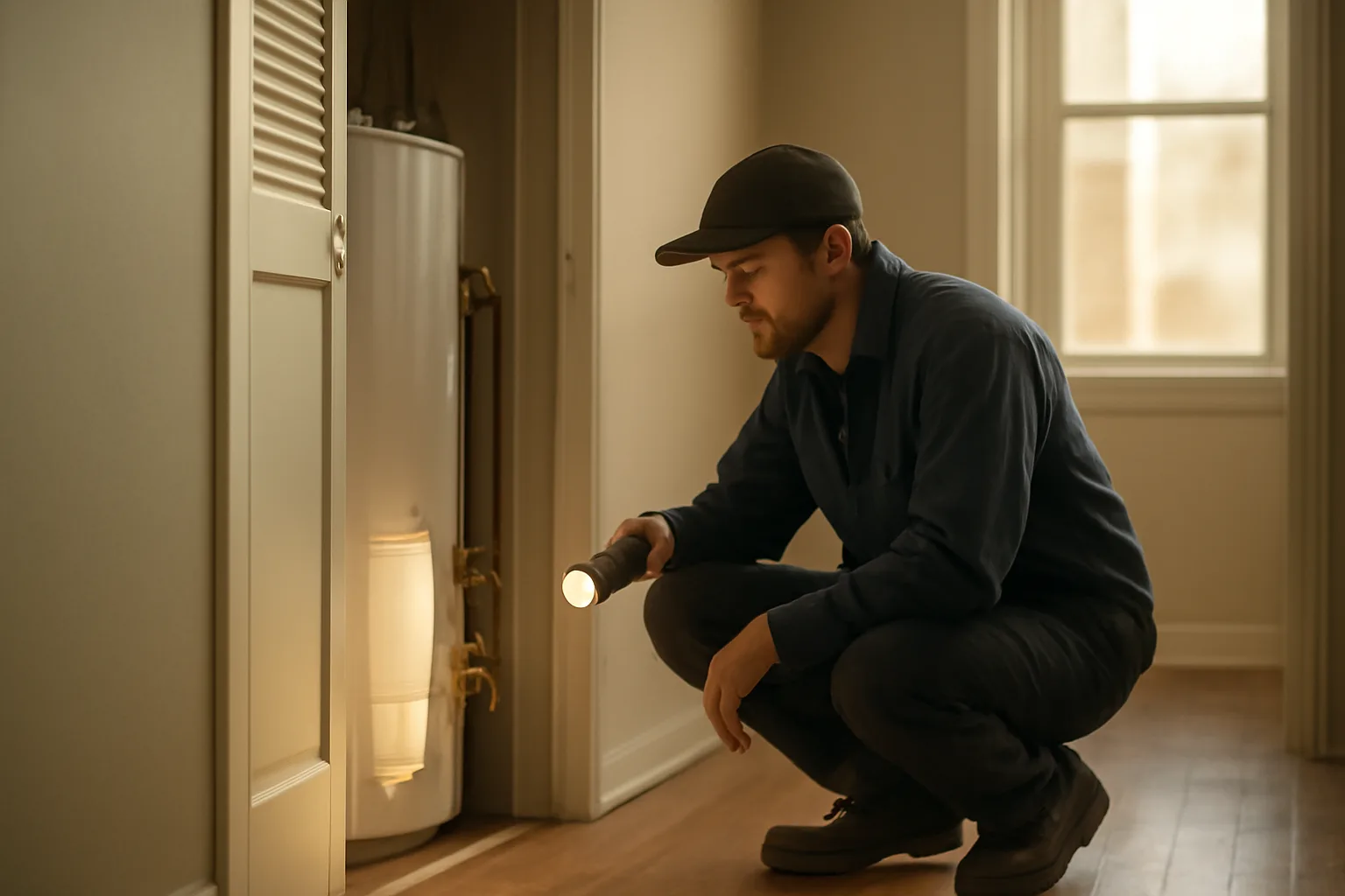 Landlord checking a water heater during a routine 6 month rental inspection