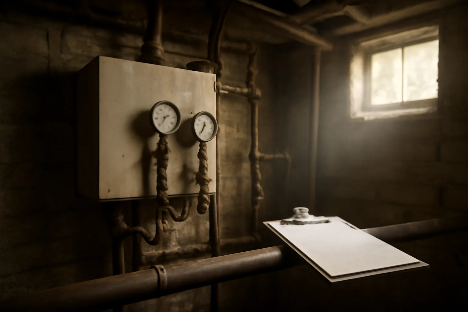 Basement mechanical room showing a steam boiler during a rental building inspection
