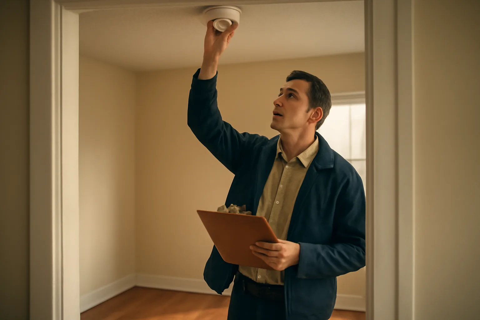 Landlord inspecting a smoke detector during a rental unit walk-through inspection
