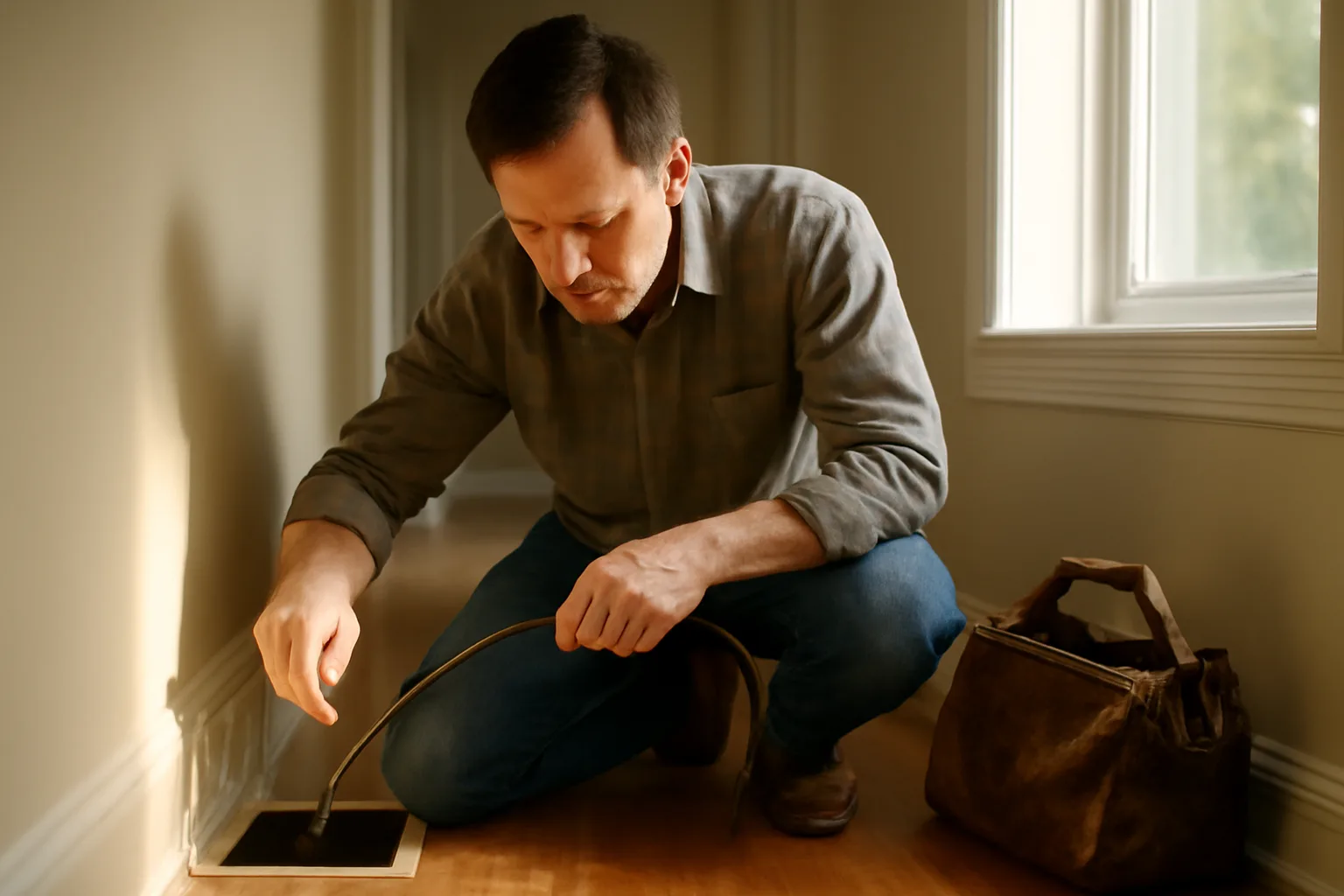 Landlord using an air duct inspection camera on a hallway vent grille