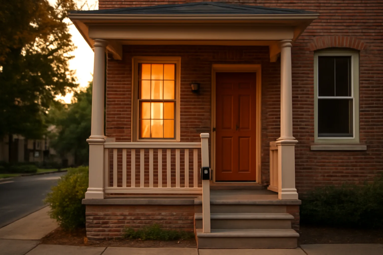 Front porch of a city rowhouse used as a short-term Airbnb rental at dusk