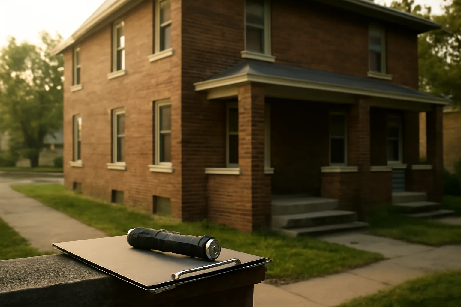 Brick duplex rental property on an Akron residential street in morning light