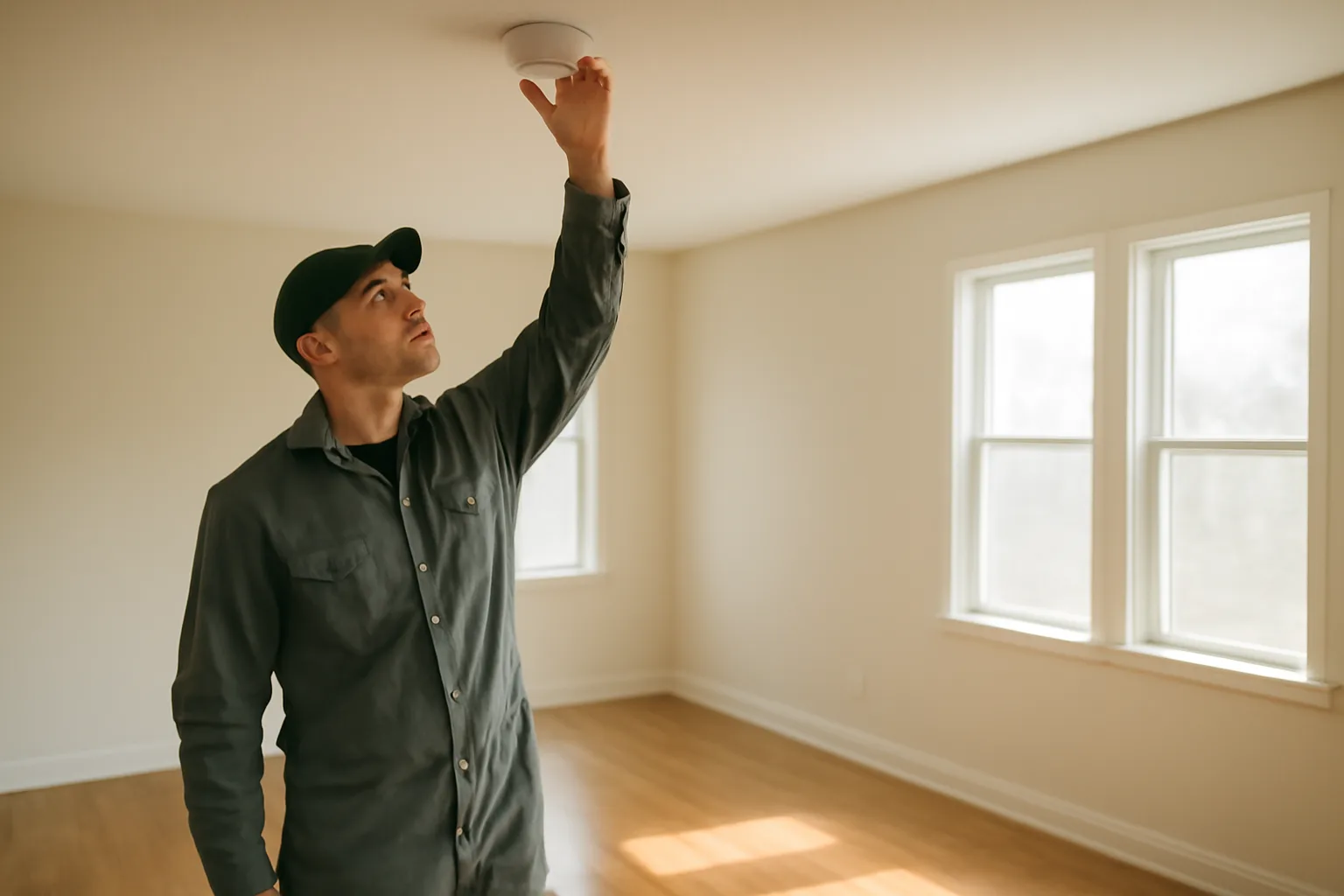 Landlord inspecting a smoke detector during a rental unit walkthrough inspection