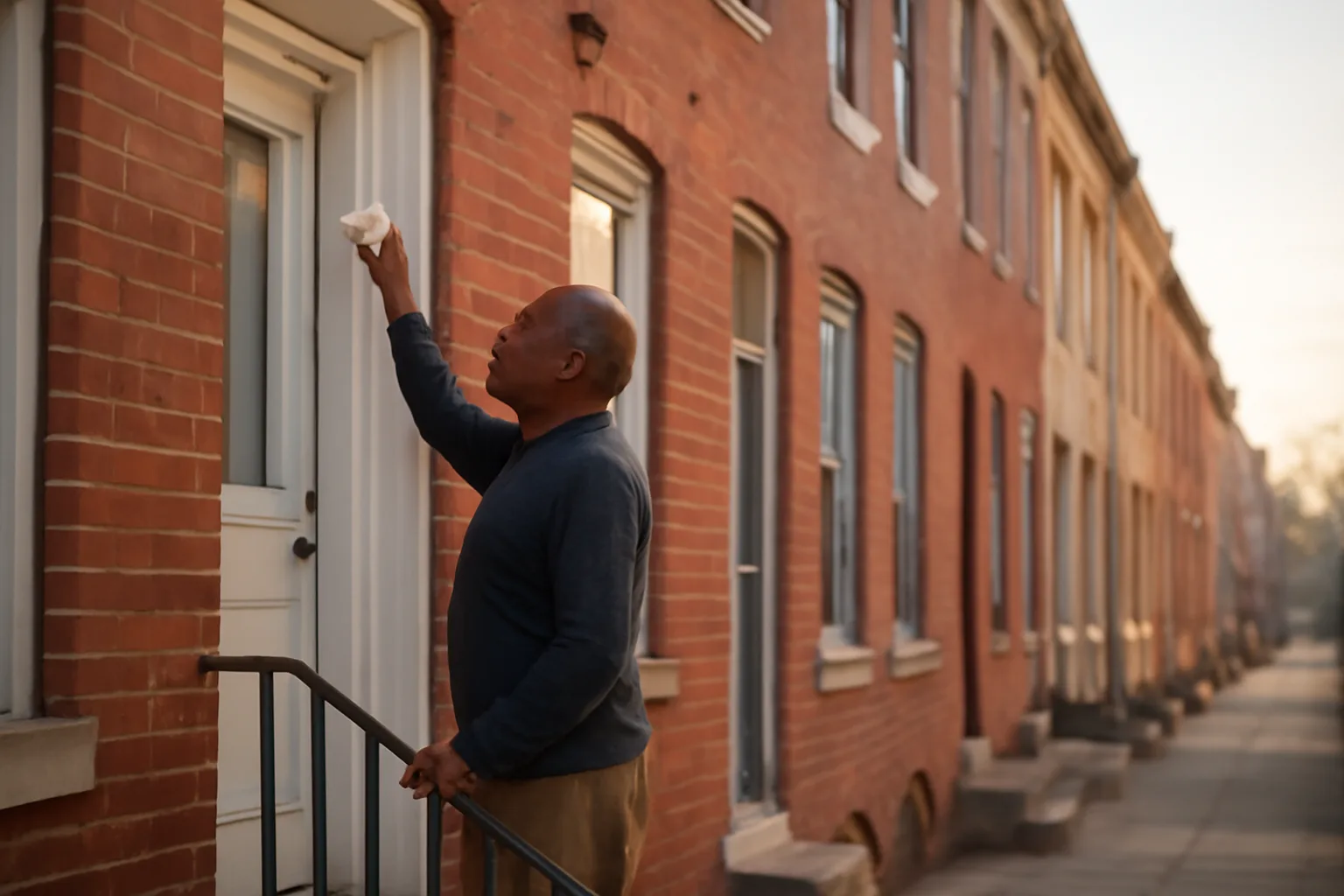 Landlord inspecting a smoke detector on a rowhouse porch in Allentown
