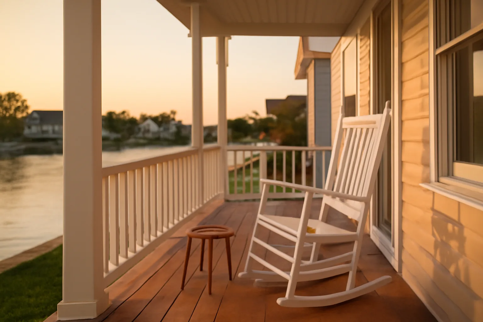 Porch of an Anne Arundel County short-term rental home at dusk with keys on a table