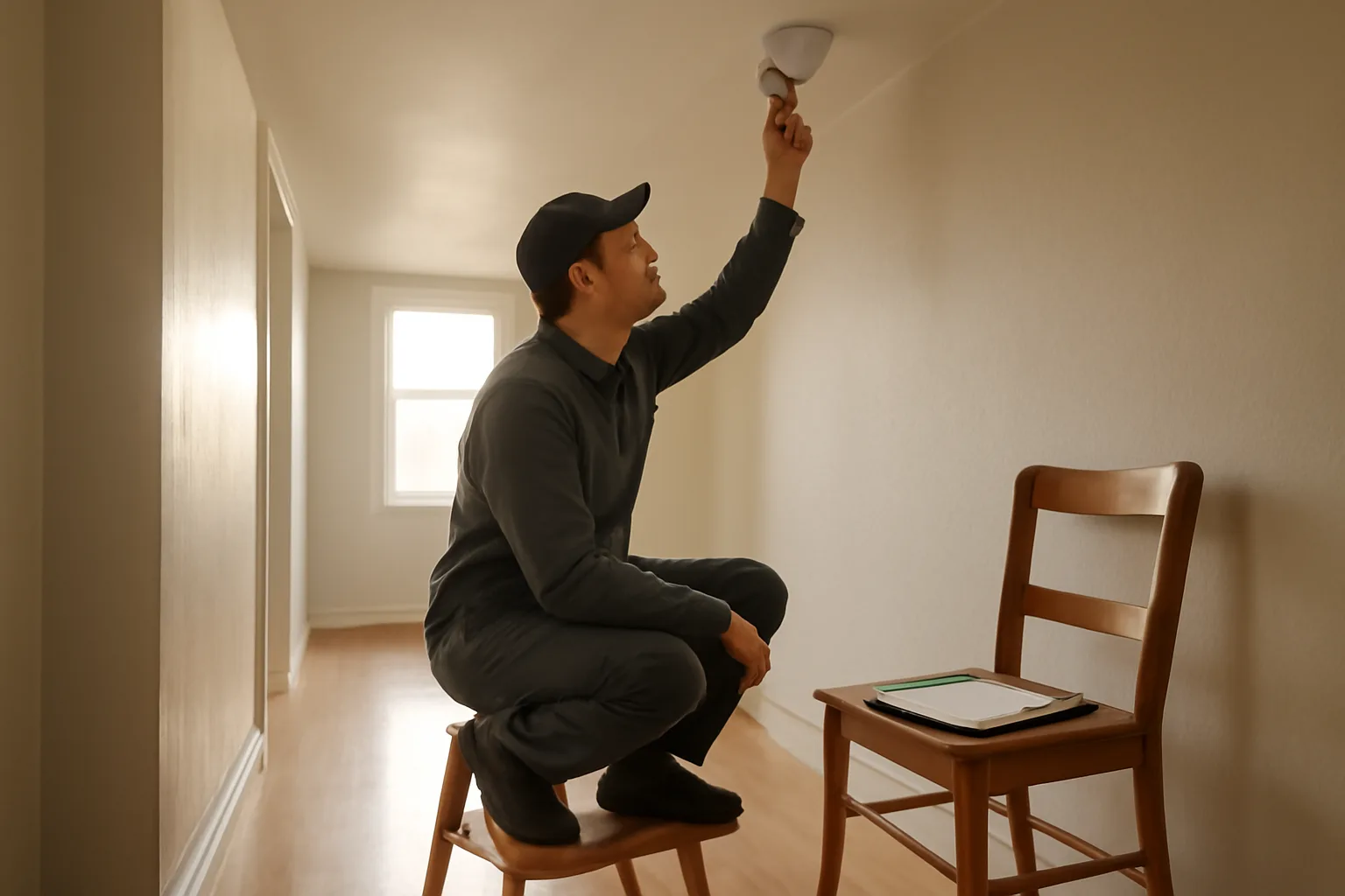 Landlord testing a smoke detector during an annual rental property inspection walkthrough