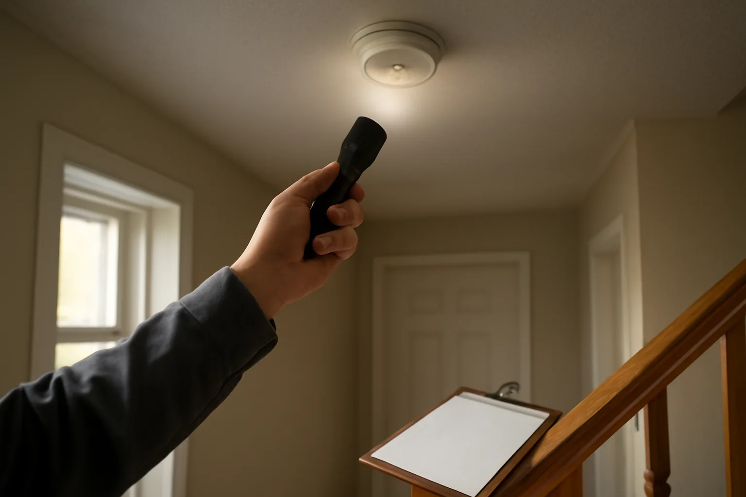 Inspector checking a hallway smoke alarm during an annual rental property inspection