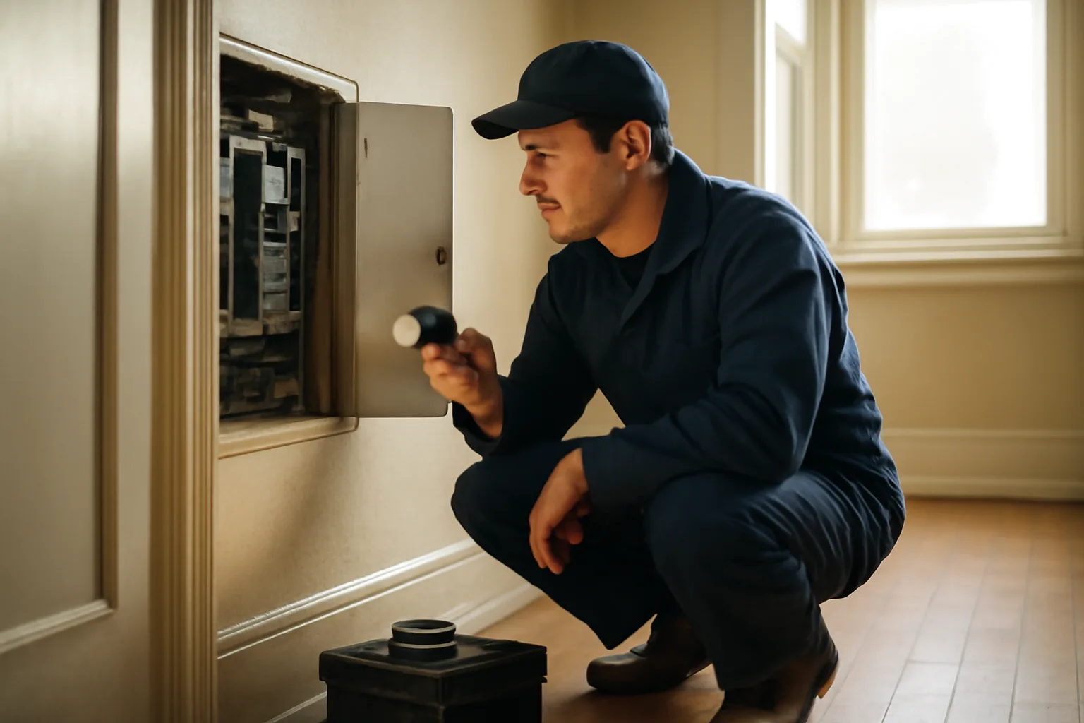 Landlord inspecting an electrical panel during an annual rental inspection walkthrough