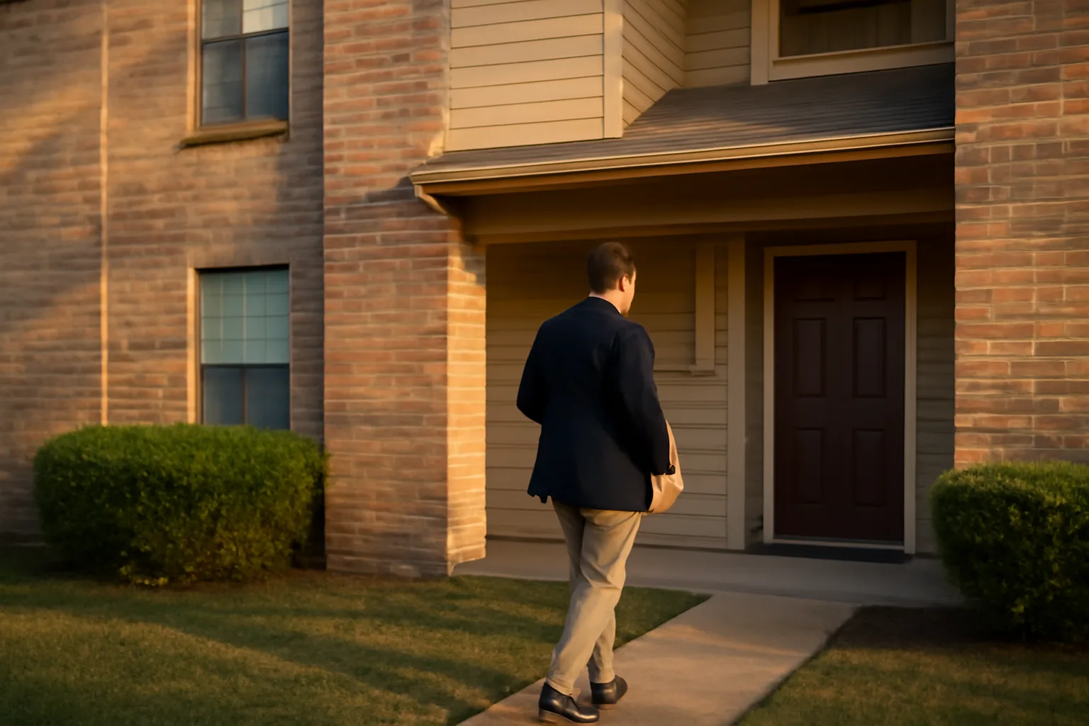 Landlord walking toward a suburban apartment building for a rental inspection in Anna, TX