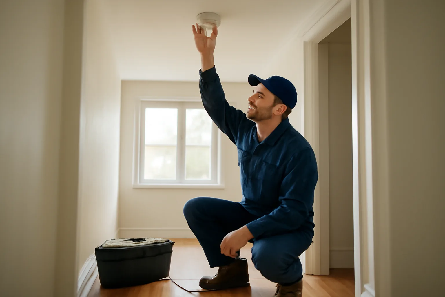 Landlord checking a smoke detector during an apartment inspection walkthrough