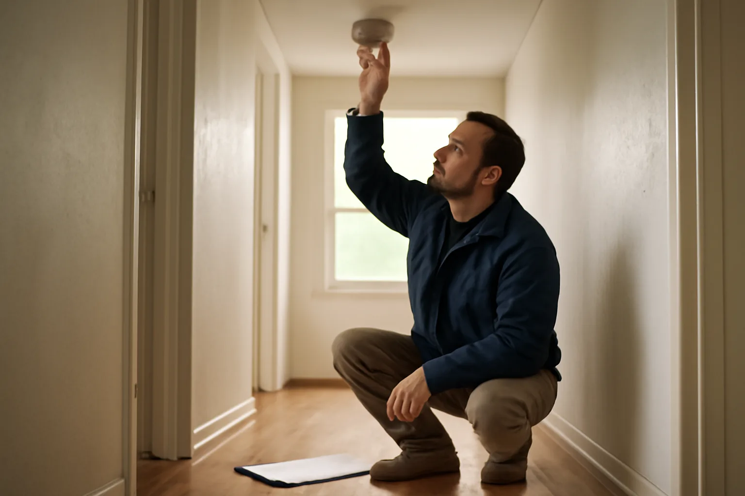 Inspector checking a hallway smoke alarm during an apartment rental inspection