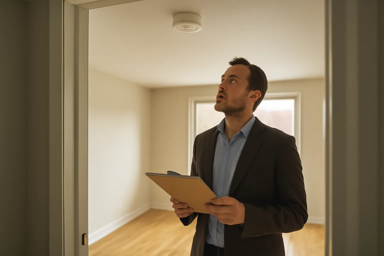 Landlord checking a smoke detector during an apartment inspection in an empty rental unit