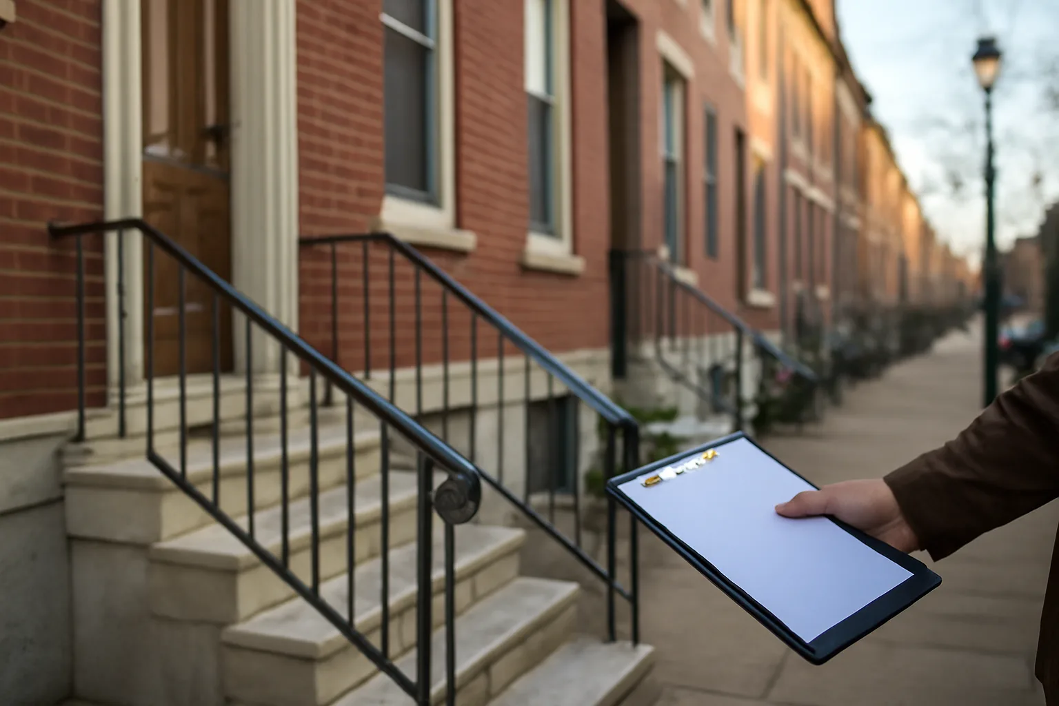 Landlord inspecting a Philadelphia rowhouse porch before applying for a rental license