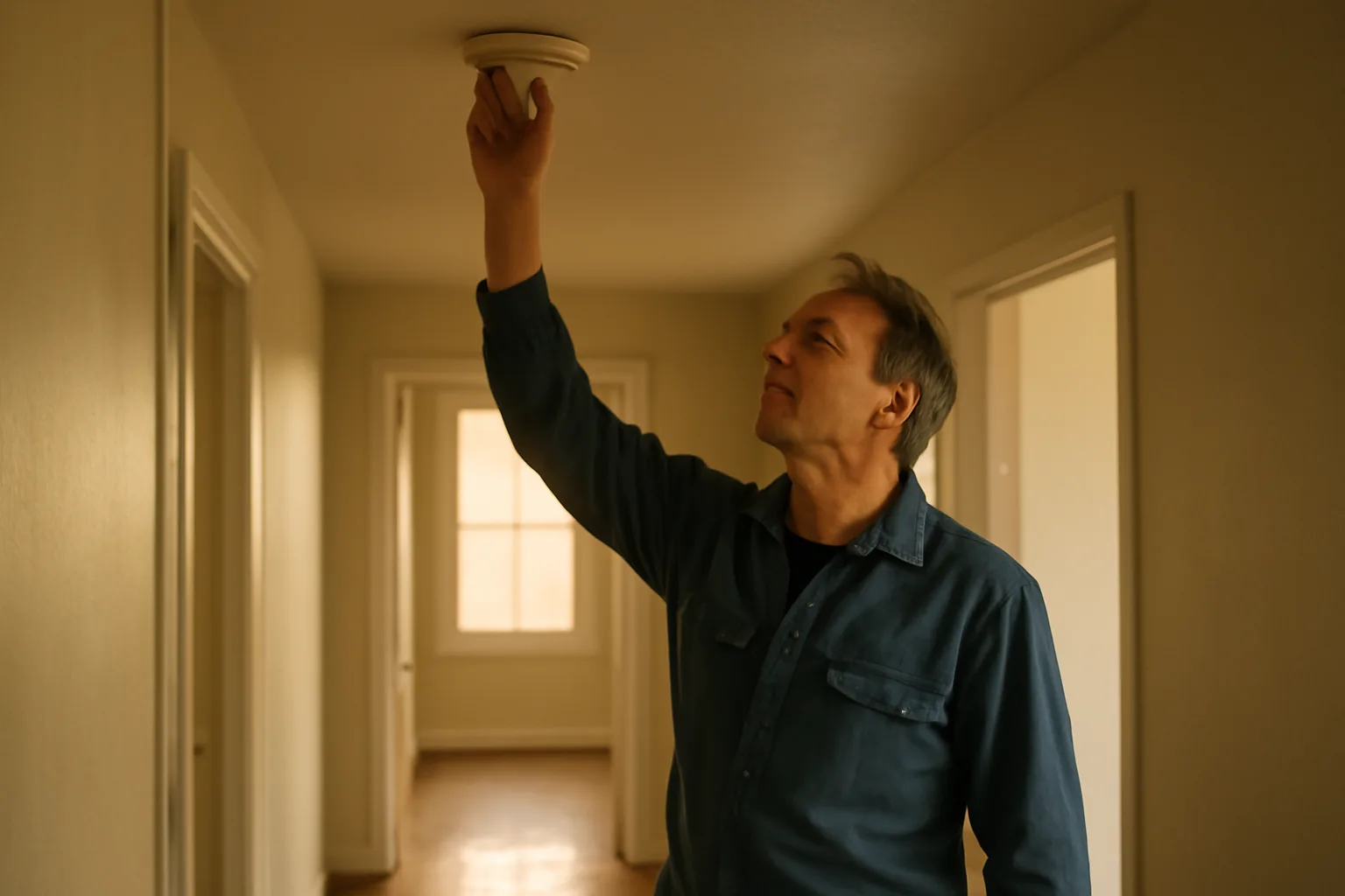 Landlord checking a smoke detector while preparing to apply for rental license