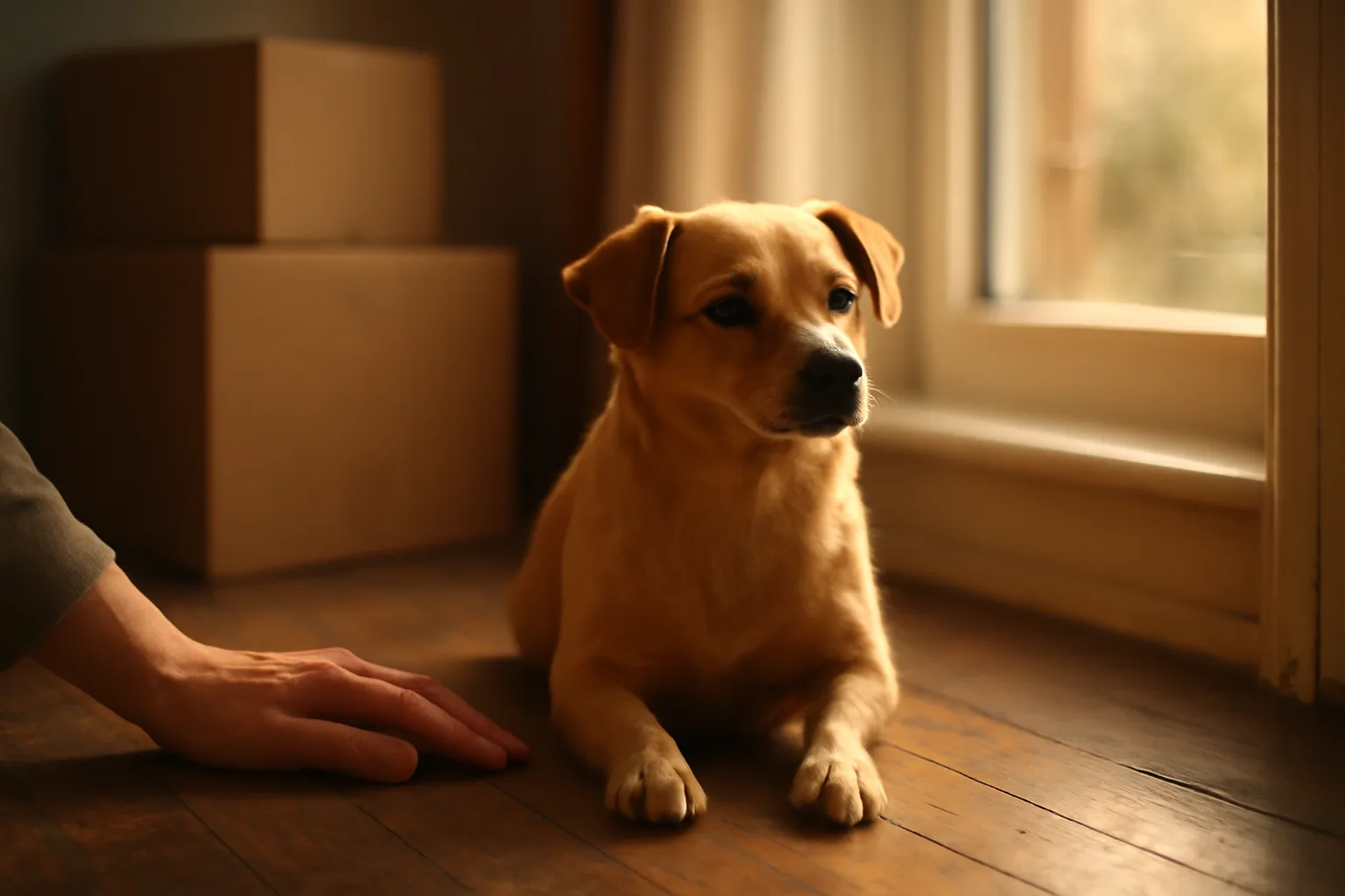 Small dog resting on apartment floor near tenant, illustrating landlords allowing emotional support animals