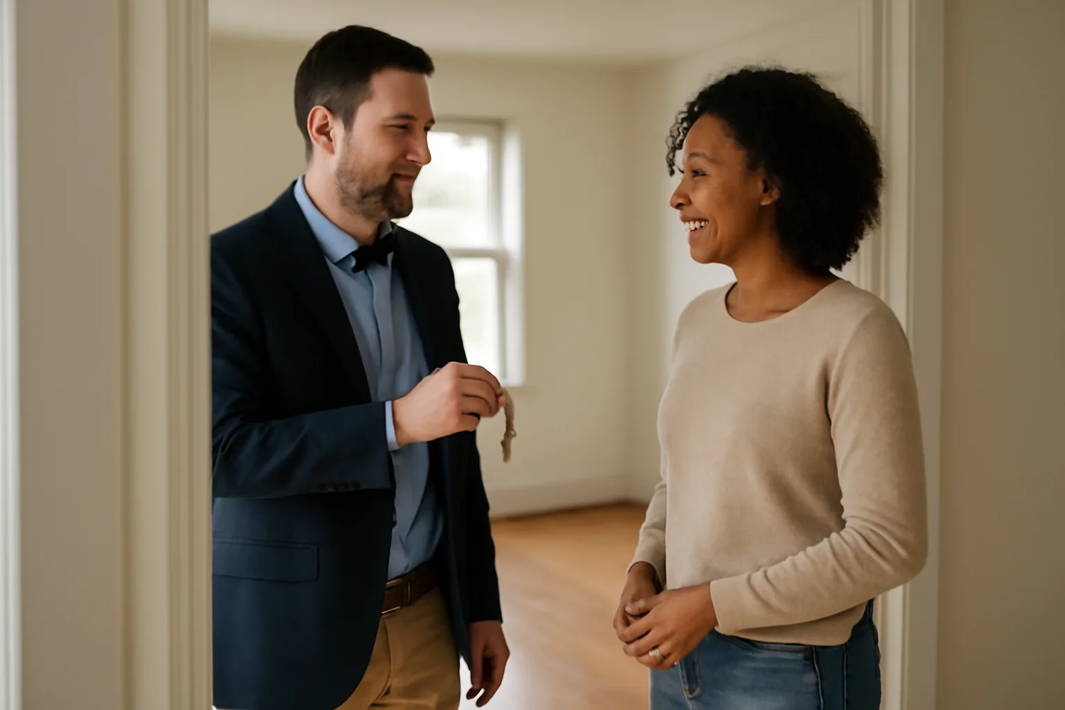 Landlord and tenant during a move-out walkthrough discussing prorated rent
