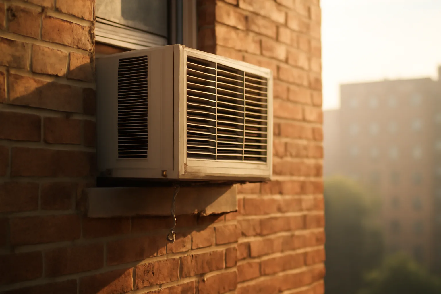 Window air conditioning unit mounted on brick apartment building in summer heat
