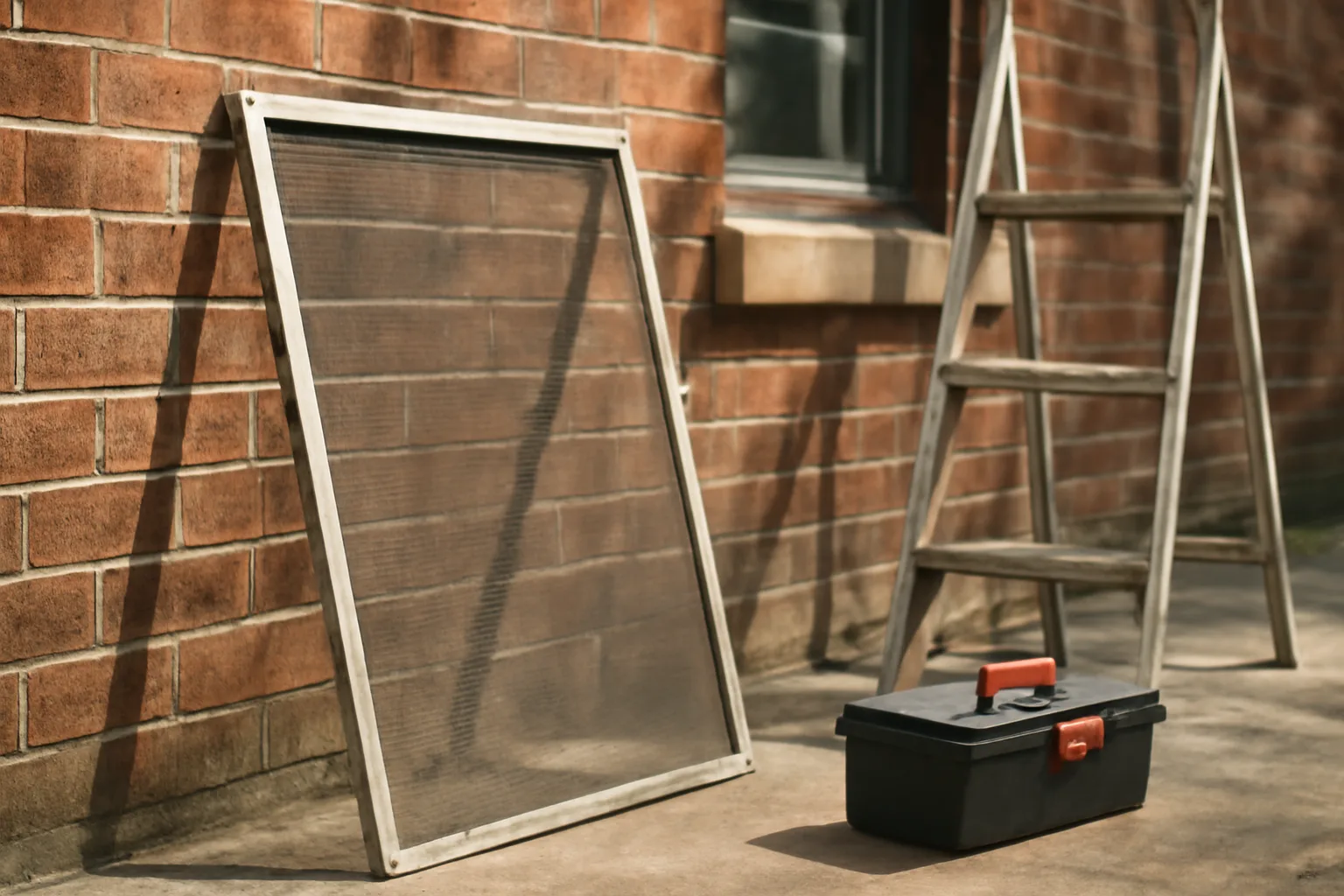 Aluminum window screen leaning against brick wall during rental property repair