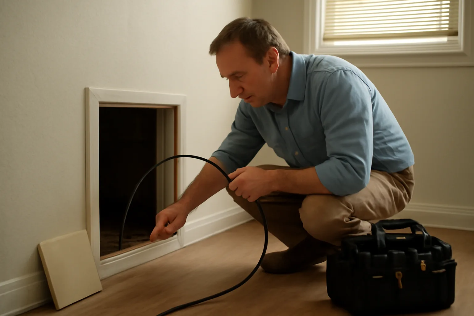 Landlord using a flexible inspection camera to check a rental property crawlspace