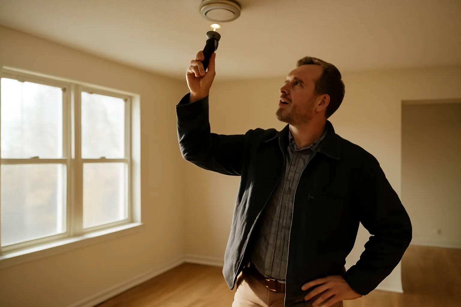 Landlord inspecting a smoke detector during a rental property walk-through