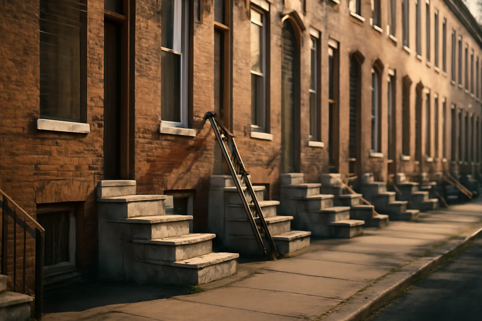 Row of Baltimore rowhouses with marble steps under afternoon light