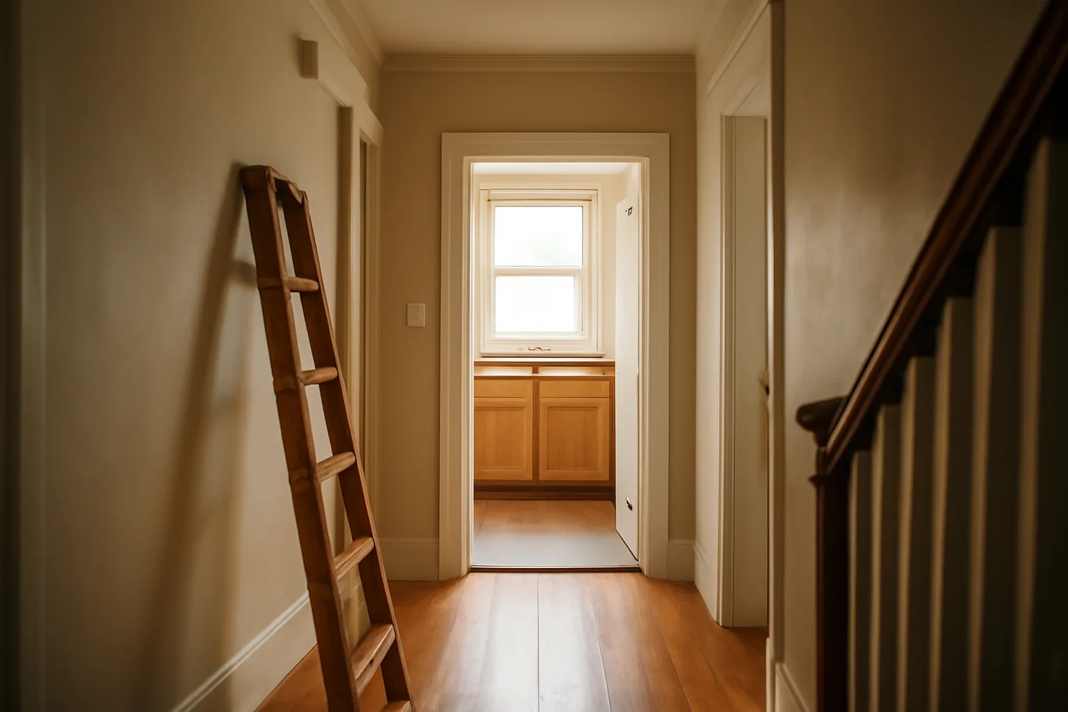 Baltimore rowhouse interior during a rental inspection with ladder and smoke alarm visible