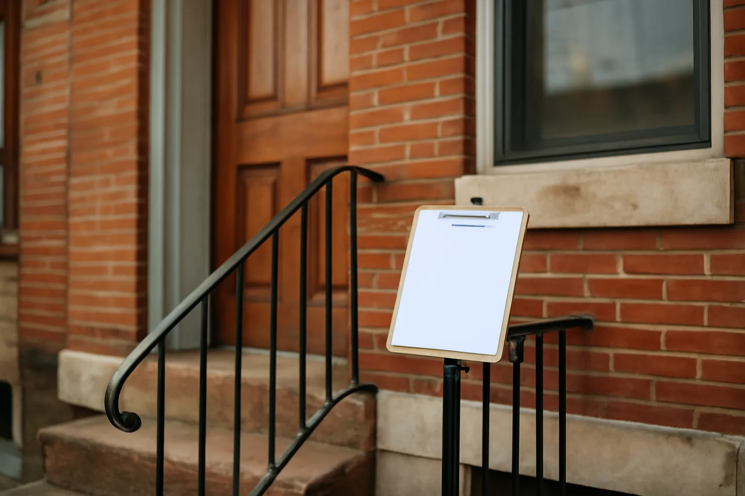 Baltimore rowhouse stoop where a rental license inspection is taking place
