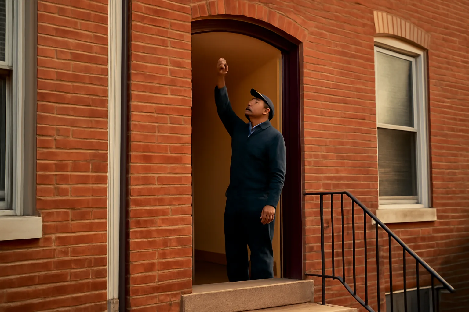Landlord checking a smoke alarm inside a Baltimore rowhouse before a rental inspection