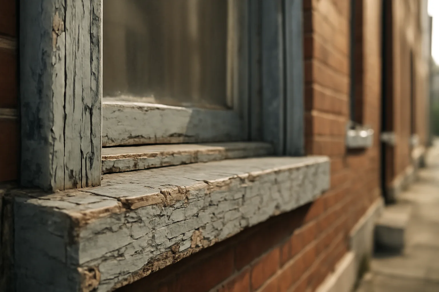 Weathered painted windowsill on a Baltimore rowhouse before a rental lead inspection