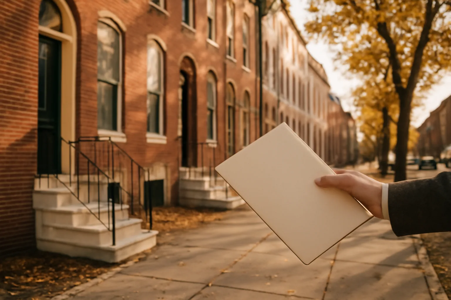 Baltimore rowhouse street where a landlord checks rental property registration paperwork