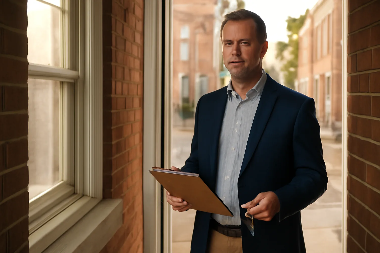 Landlord holding a clipboard at the doorway of a Baltimore County rental rowhouse