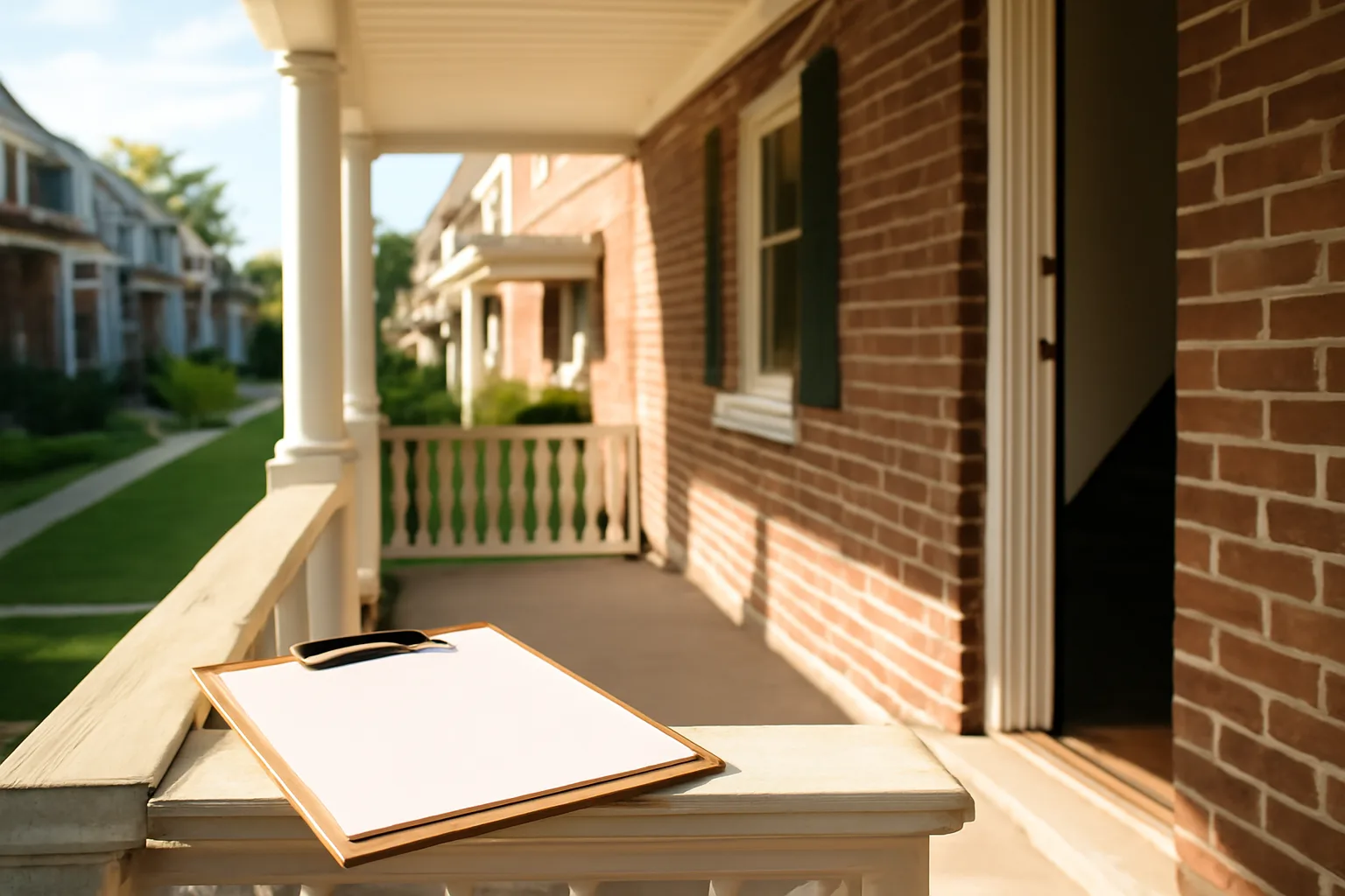 Suburban Baltimore County rowhouse porch during a rental inspection visit