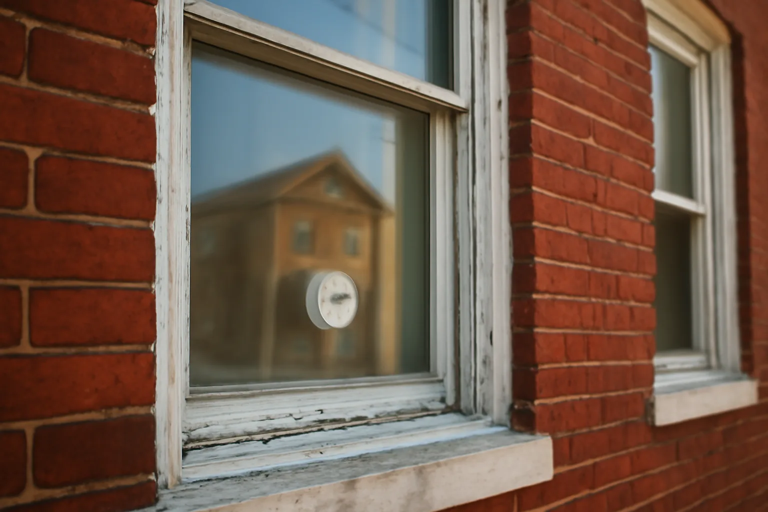 Rowhouse window with peeling paint, relevant to Baltimore County rental inspection form compliance