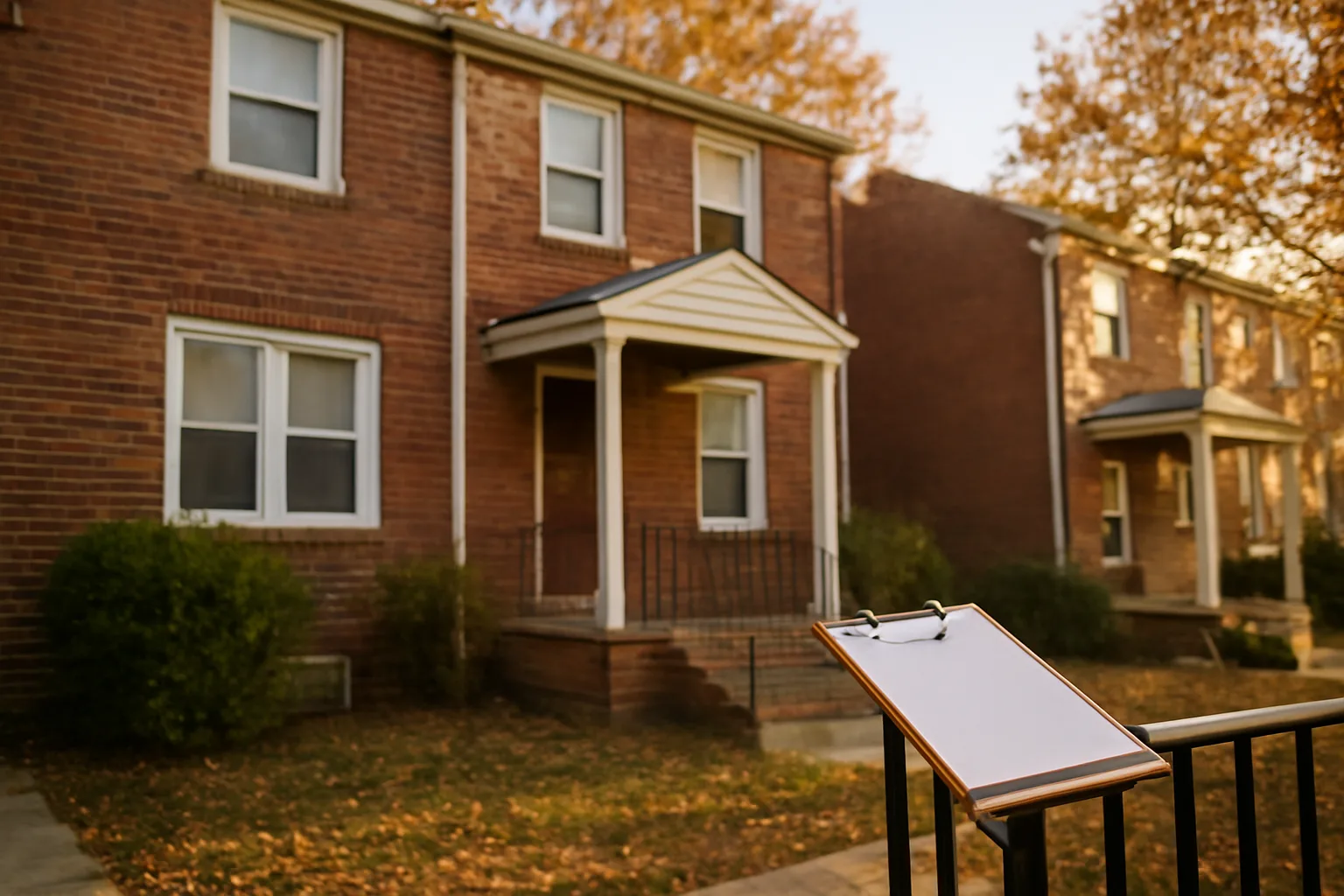 Brick rowhome duplex exterior representing a Baltimore County rental inspection visit