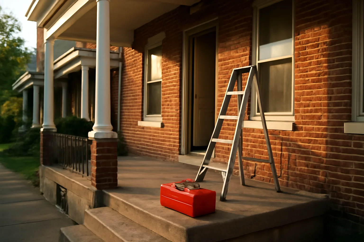 Rowhouse porch with toolbox and ladder before a Baltimore County rental inspection