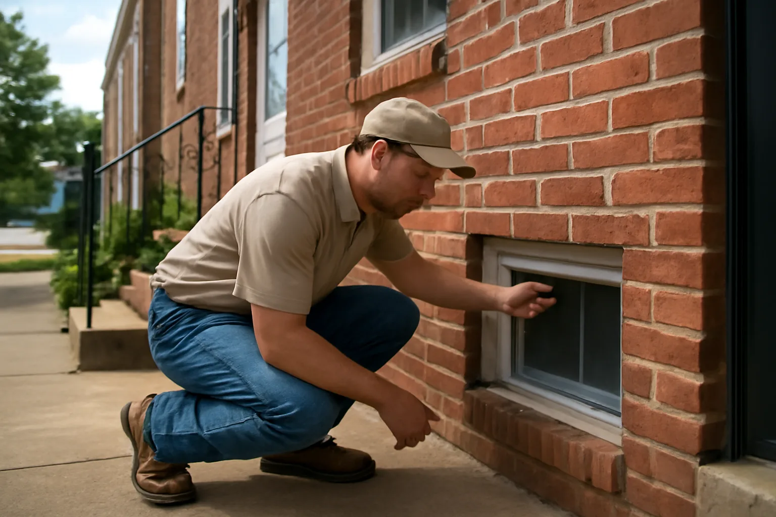 Inspector checking a basement window during a Baltimore County rental license inspection