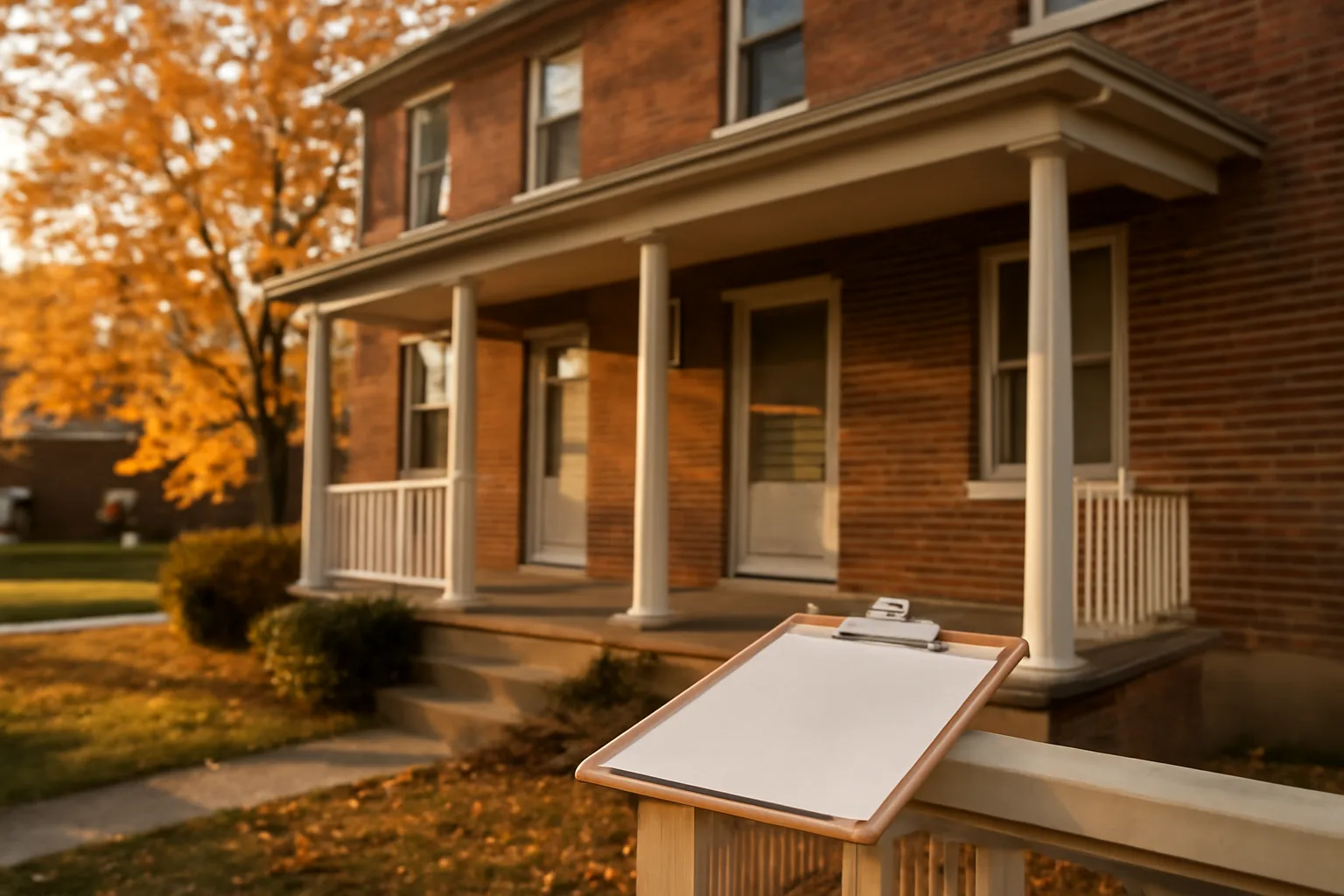Brick duplex rental property exterior during a county habitability inspection visit