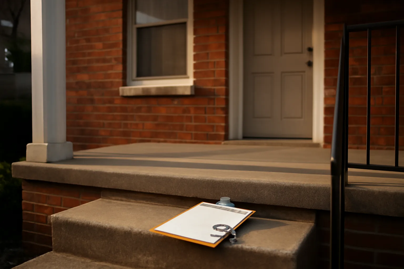Brick rowhouse porch in Baltimore County with keys resting on the step