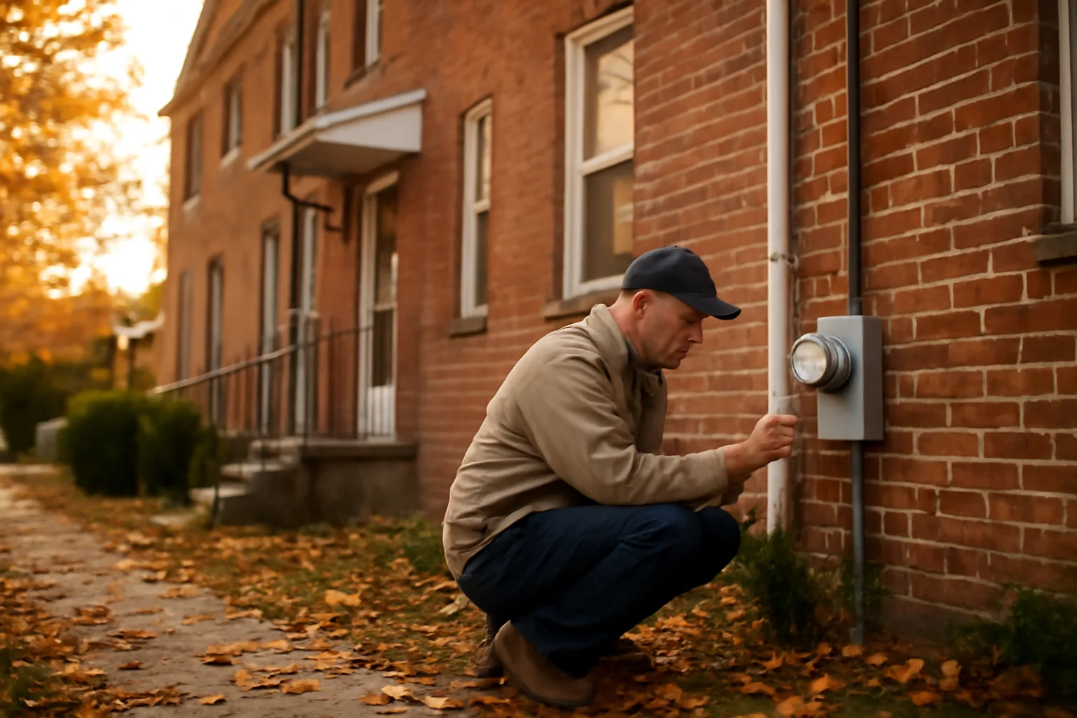 Inspector checking exterior electrical meter on a Baltimore County rental rowhouse at dusk