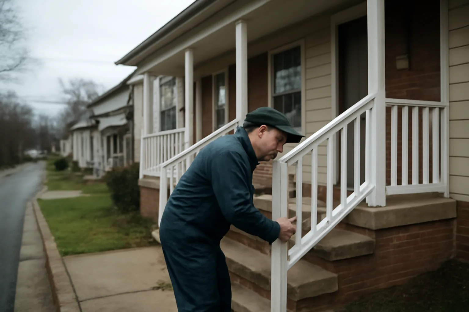 Landlord inspecting porch steps and railing outside a Baltimore County rental duplex