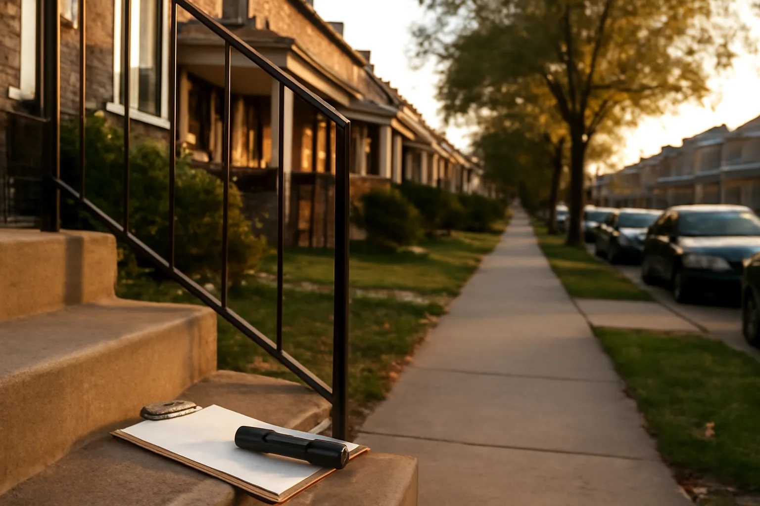 Suburban Baltimore County rowhouse porch scene representing rental registration inspection prep