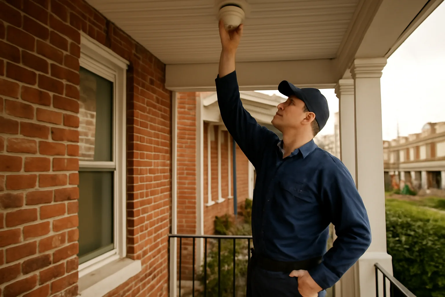 Landlord checking a smoke detector on a Baltimore County rowhouse porch