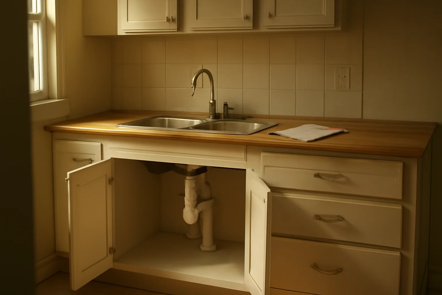Inspector checking under-sink plumbing during a Baltimore rental inspection walkthrough