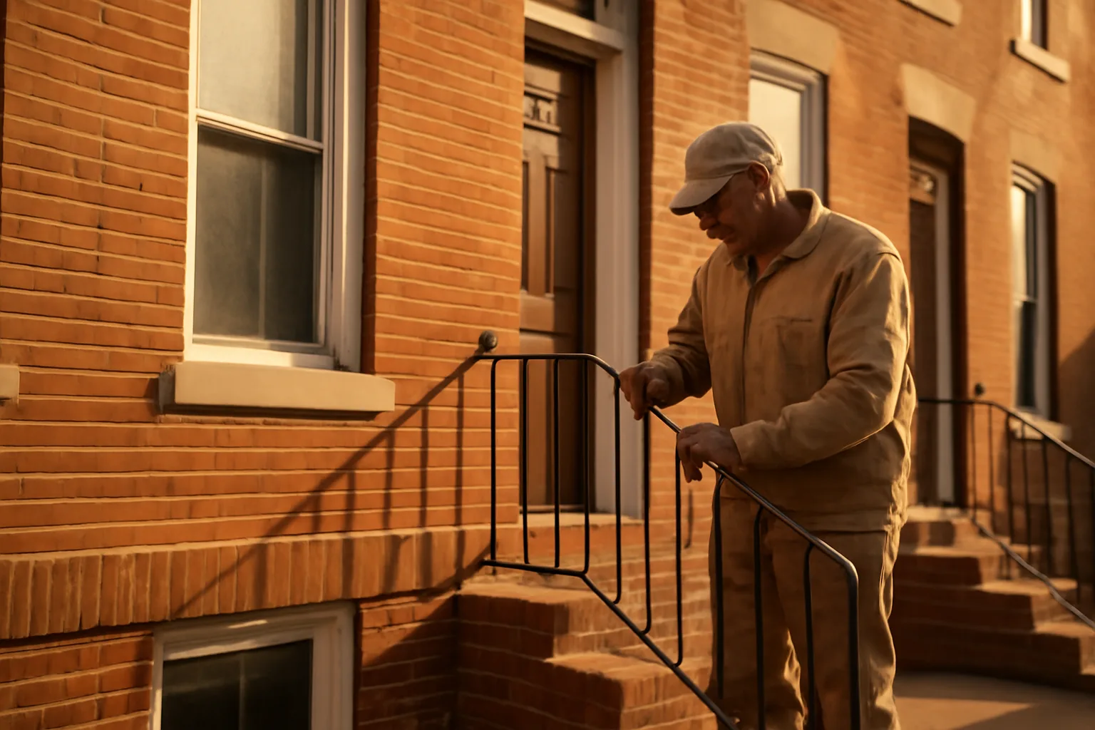 Landlord inspecting porch railing on a Baltimore rowhouse before rental inspection