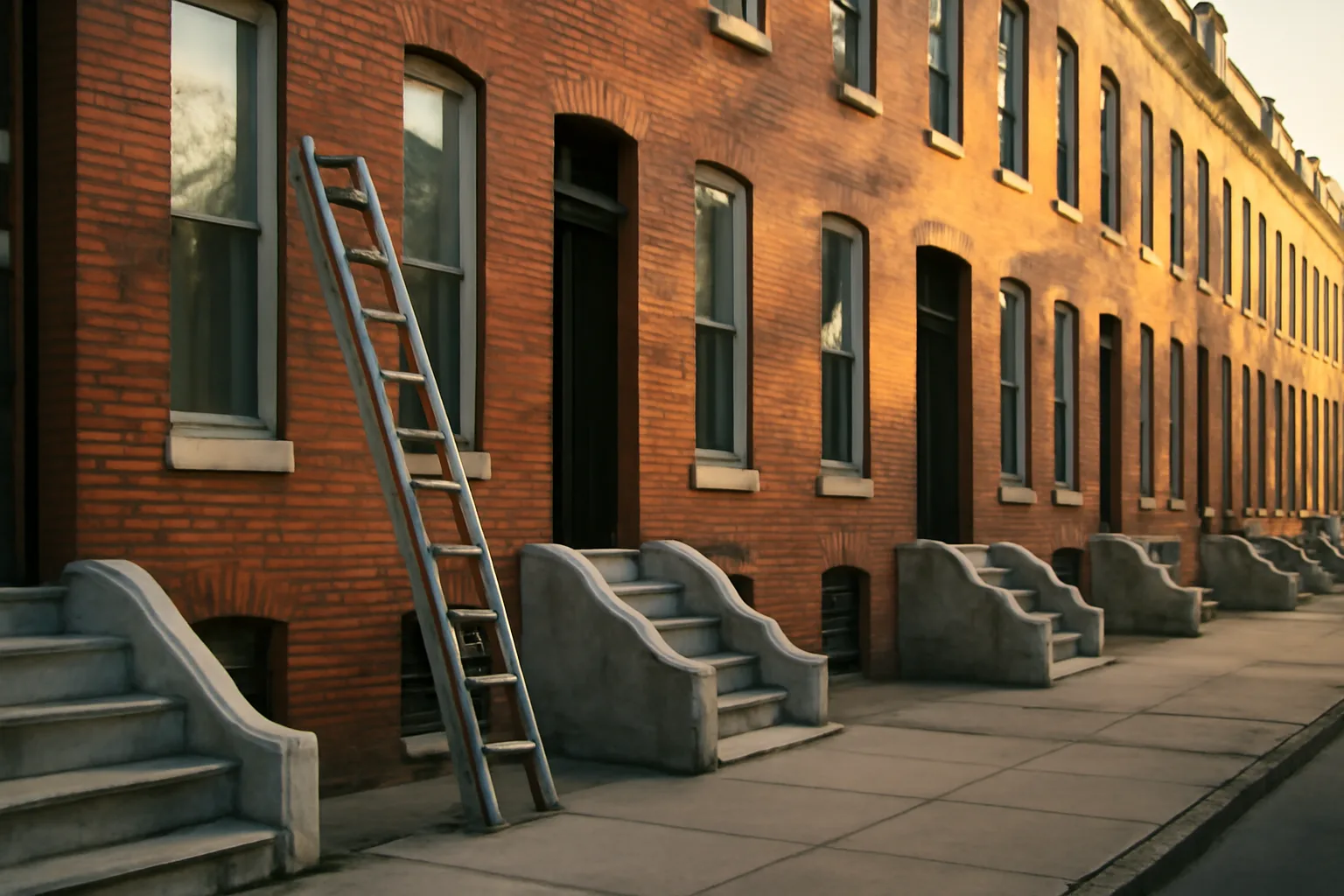 Row of Baltimore brick rowhouses with marble front steps in morning light