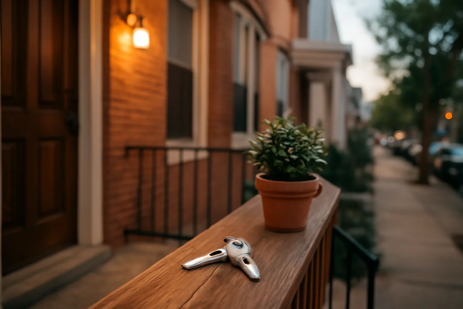 Baltimore rowhouse porch with keys on the railing representing a short term rental unit