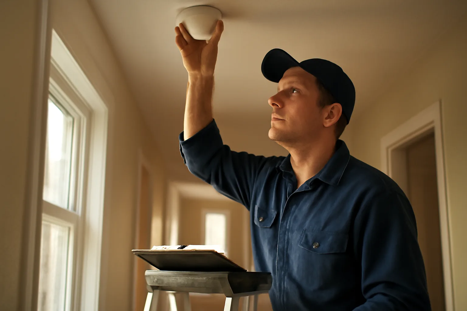 Landlord inspecting a smoke detector during a rental unit walkthrough