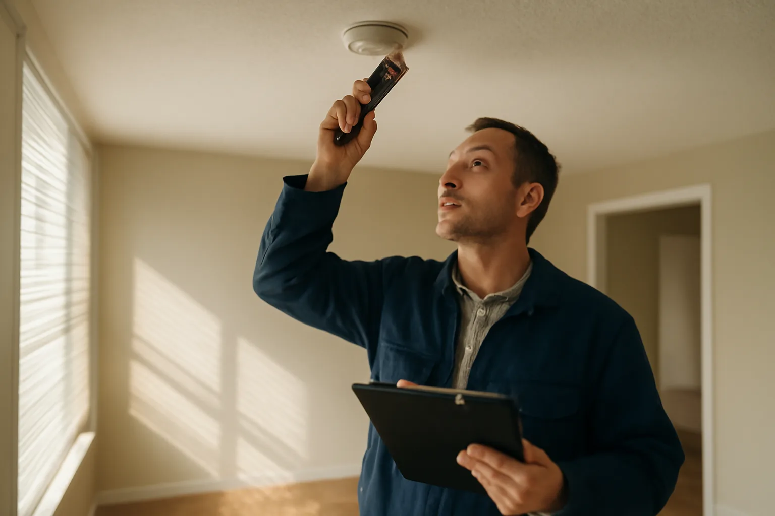 Landlord checking a smoke detector during a scheduled rental property inspection