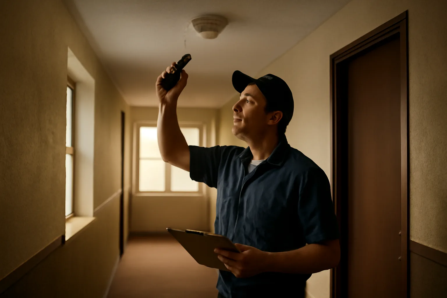 Landlord inspecting a hallway smoke detector during a rental property walkthrough